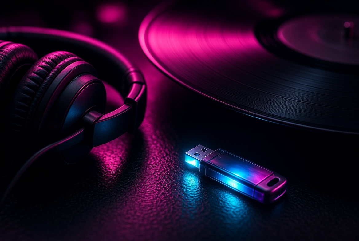 Headphones, vinyl, and a glowing drive on a DJ booth
